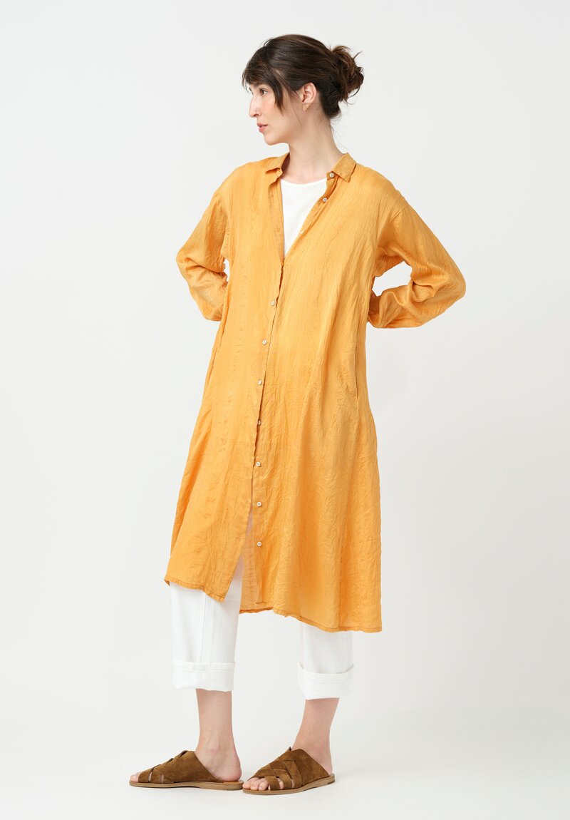 Kaval Khadi Silk Point Collar Button-Down Dress in Apricot Orange