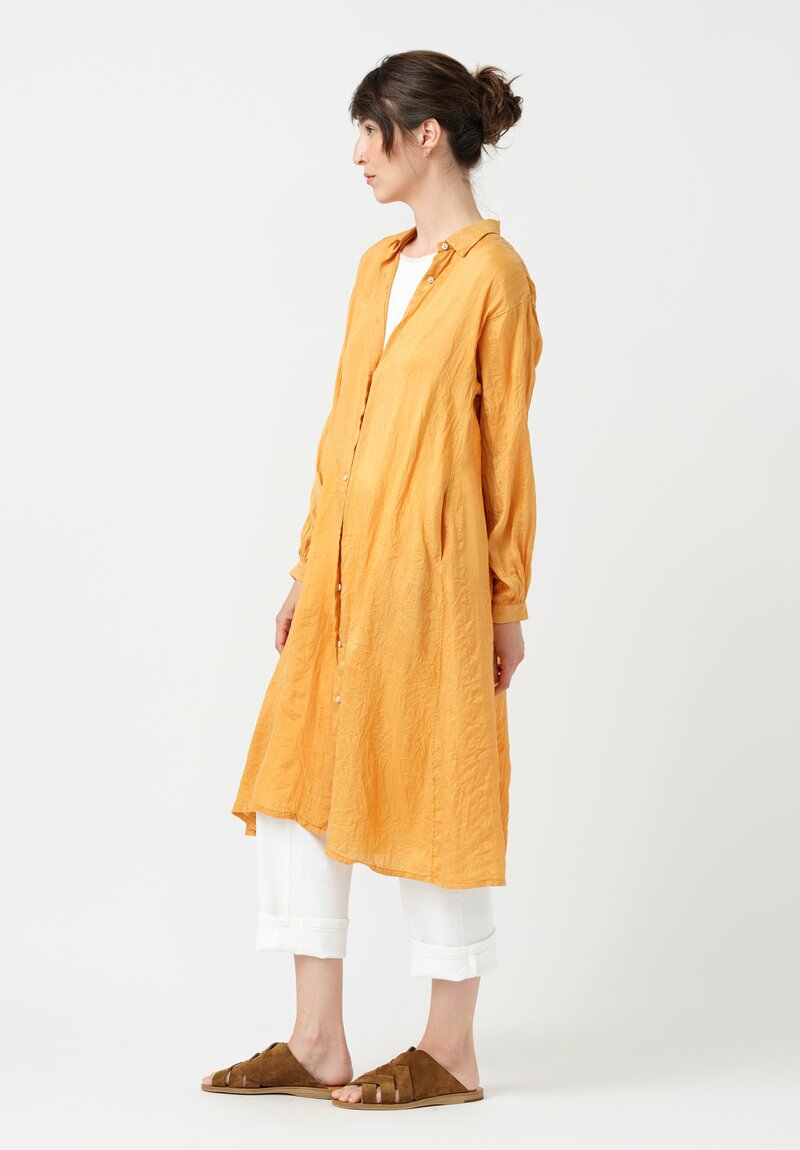 Kaval Khadi Silk Point Collar Button-Down Dress in Apricot Orange