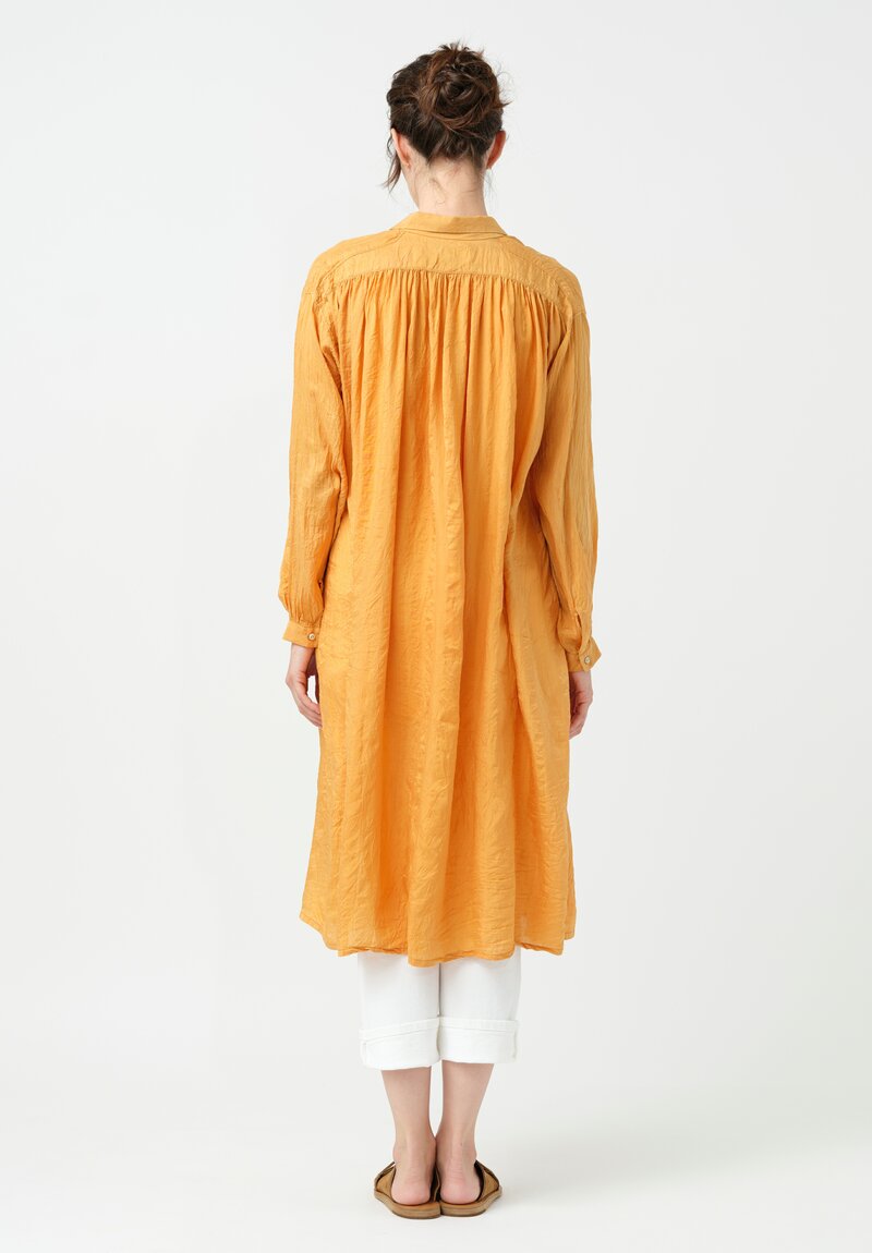 Kaval Khadi Silk Point Collar Button-Down Dress in Apricot Orange