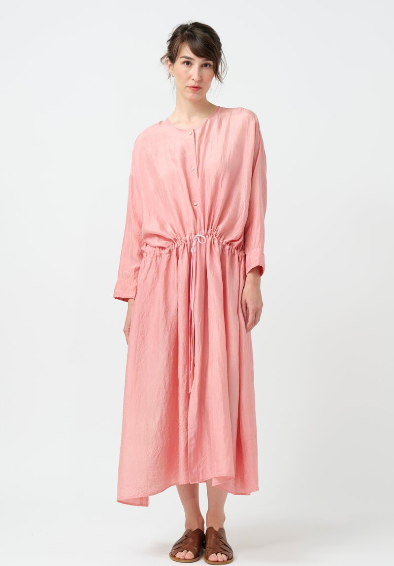 Kaval Khadi Silk Drawstring Waist Button-Down Dress in Watermelon Pink