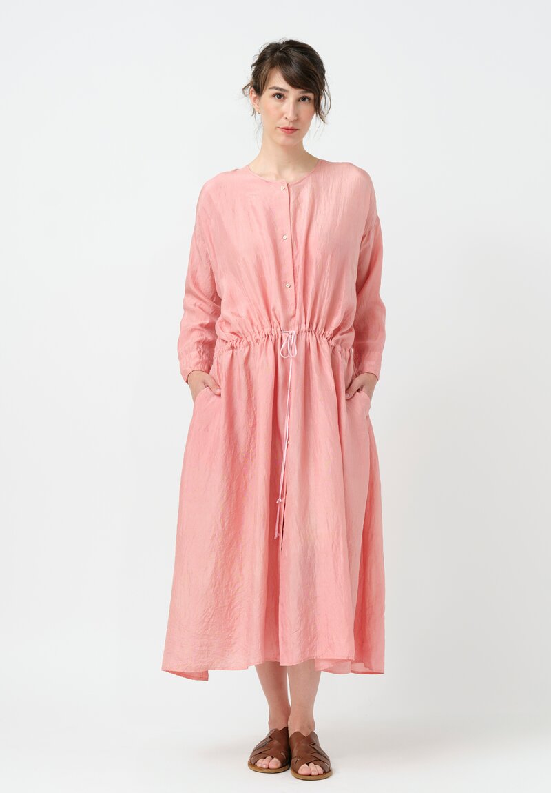 Kaval Khadi Silk Drawstring Waist Button-Down Dress in Watermelon Pink