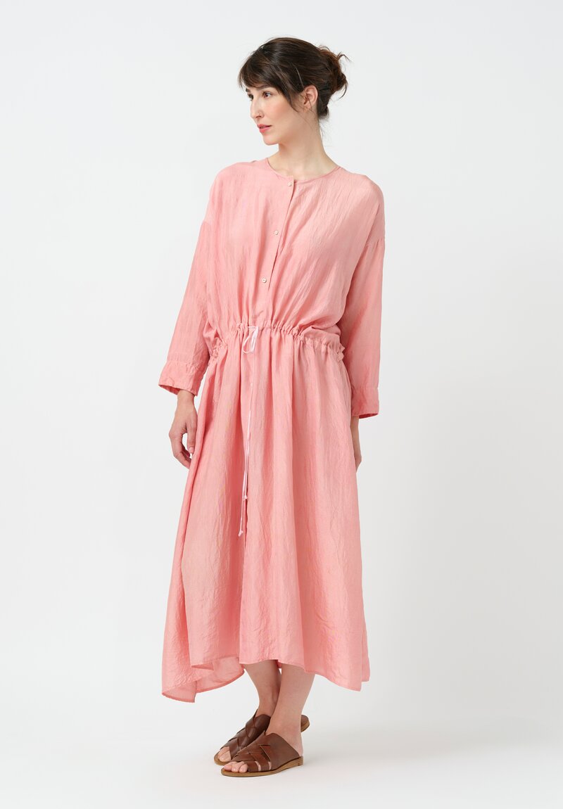 Kaval Khadi Silk Drawstring Waist Button-Down Dress in Watermelon Pink