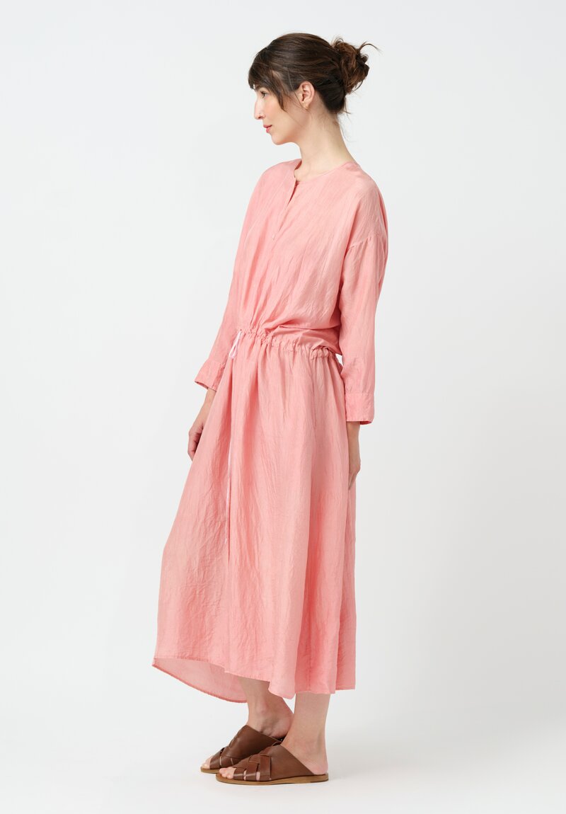 Kaval Khadi Silk Drawstring Waist Button-Down Dress in Watermelon Pink