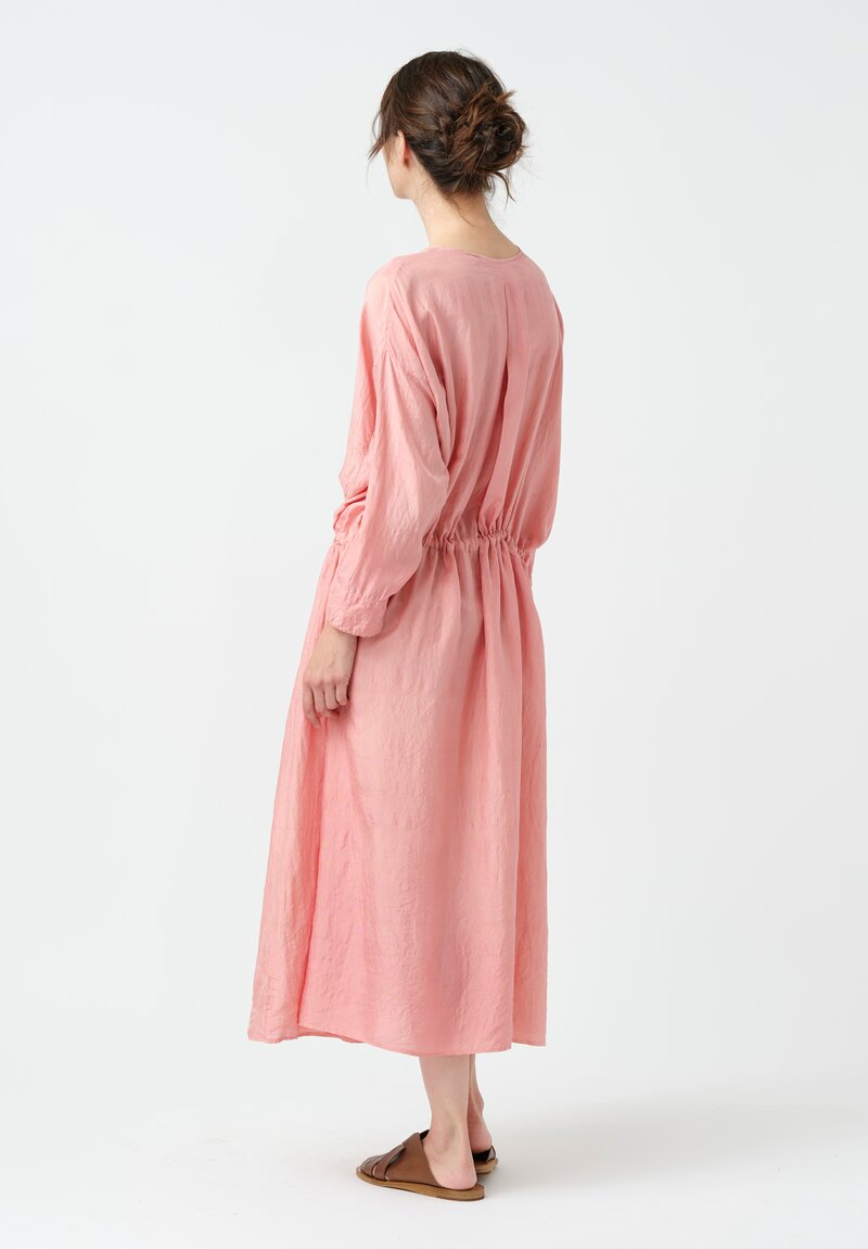 Kaval Khadi Silk Drawstring Waist Button-Down Dress in Watermelon Pink
