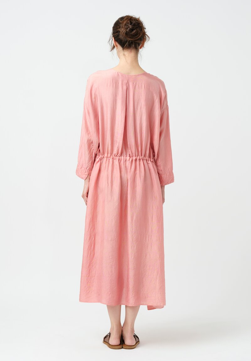 Kaval Khadi Silk Drawstring Waist Button-Down Dress in Watermelon Pink