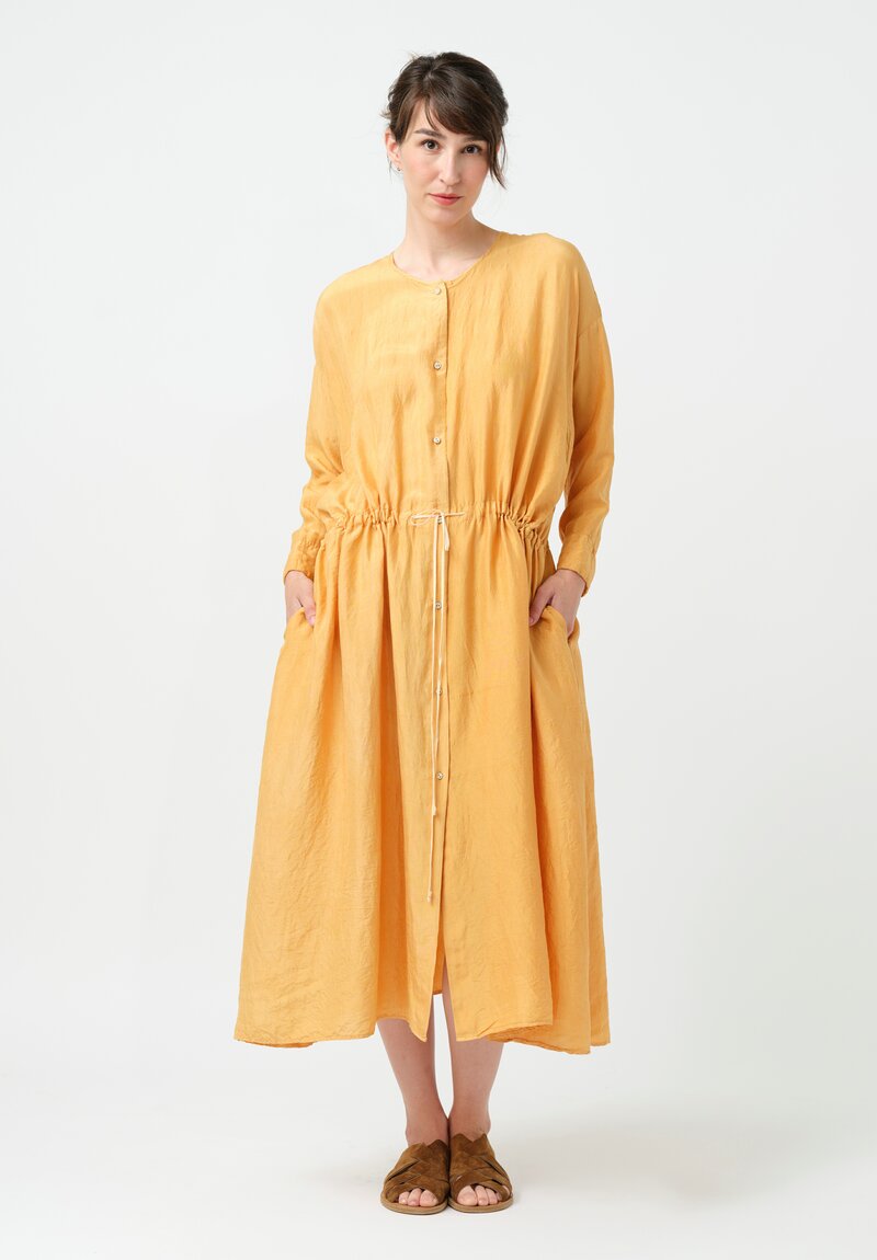 Kaval Khadi Silk Drawstring Waist Button-Down Dress in Apricot Orange