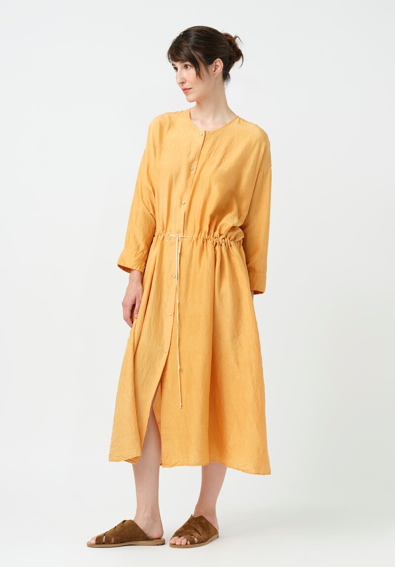 Kaval Khadi Silk Drawstring Waist Button-Down Dress in Apricot Orange