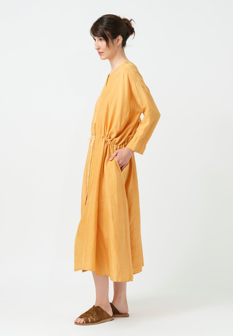 Kaval Khadi Silk Drawstring Waist Button-Down Dress in Apricot Orange