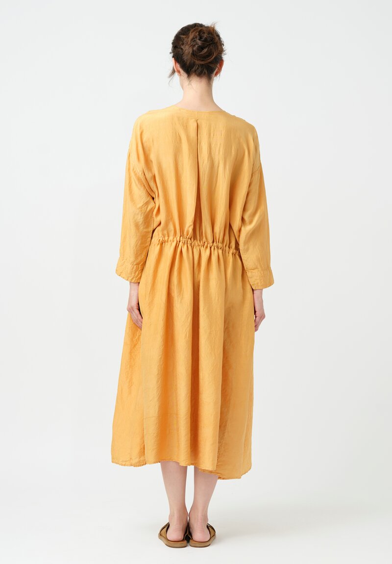 Kaval Khadi Silk Drawstring Waist Button-Down Dress in Apricot Orange