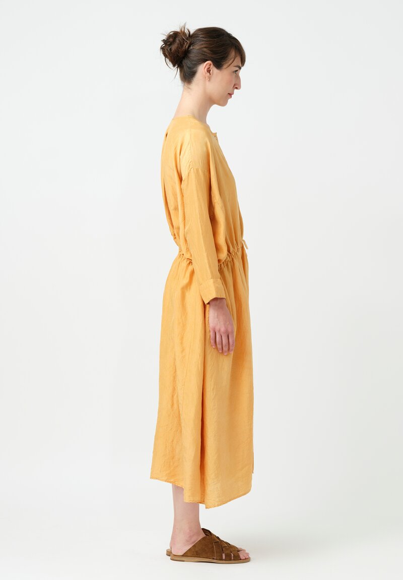 Kaval Khadi Silk Drawstring Waist Button-Down Dress in Apricot Orange