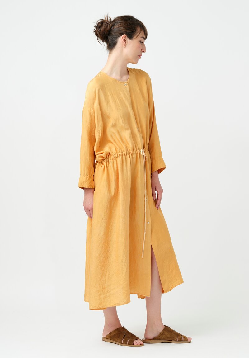 Kaval Khadi Silk Drawstring Waist Button-Down Dress in Apricot Orange