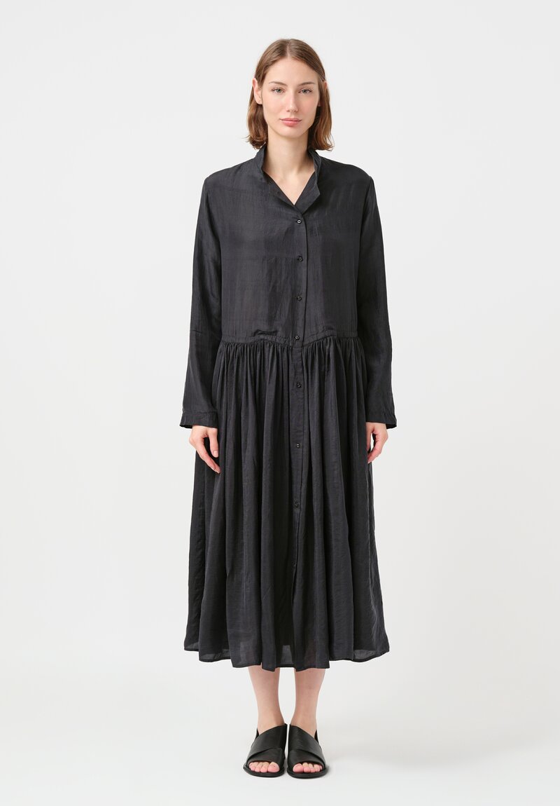 Kaval Khadi Silk Drawstring Waist Button-Down Dress in Soft Black