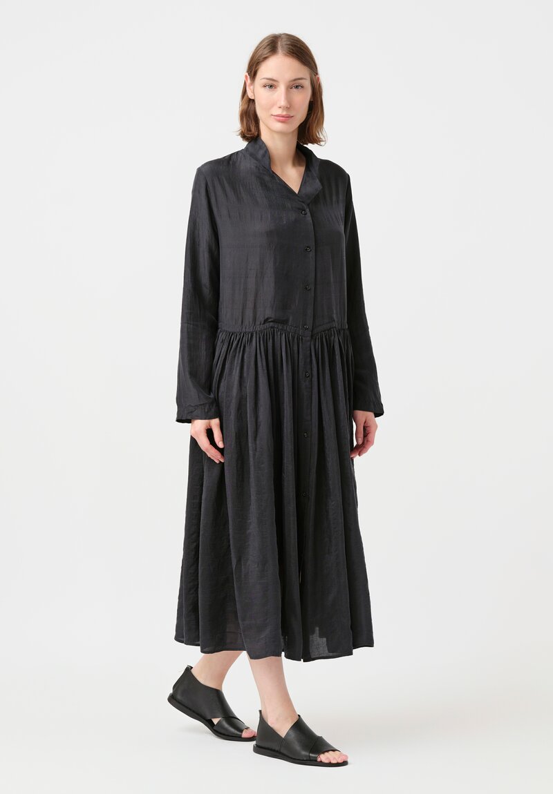 Kaval Khadi Silk Drawstring Waist Button-Down Dress in Soft Black