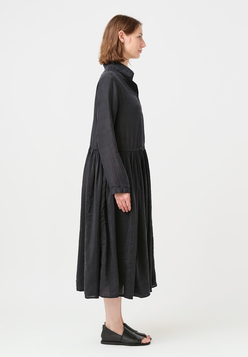 Kaval Khadi Silk Drawstring Waist Button-Down Dress in Soft Black