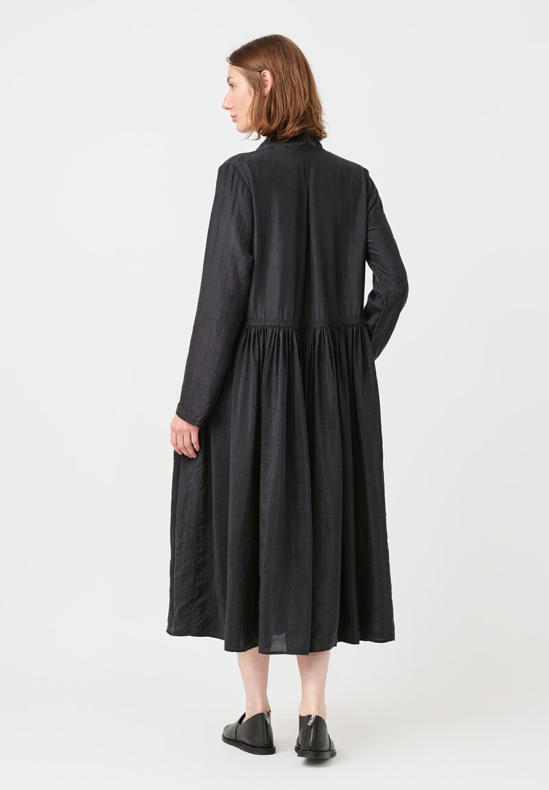 Kaval Khadi Silk Drawstring Waist Button-Down Dress in Soft Black