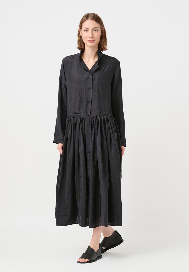 Kaval Khadi Silk Drawstring Waist Button-Down Dress in Soft Black