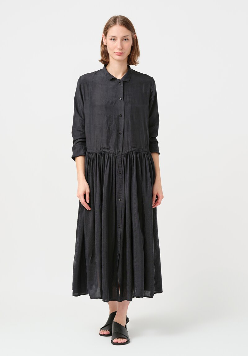 Kaval Khadi Silk Drawstring Waist Button-Down Dress in Soft Black