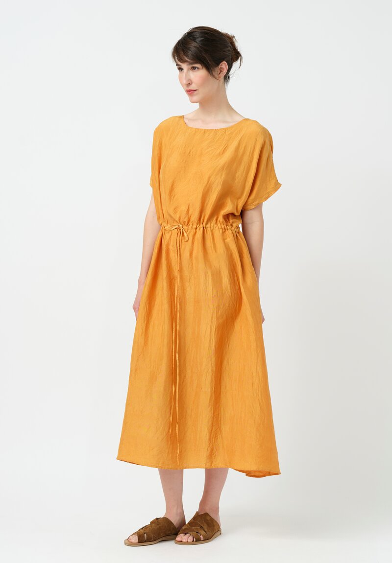 Kaval Khadi Silk Drawstring Waist Dress in Mango Orange