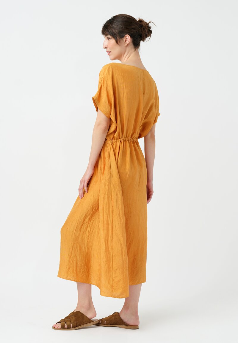 Kaval Khadi Silk Drawstring Waist Dress in Mango Orange