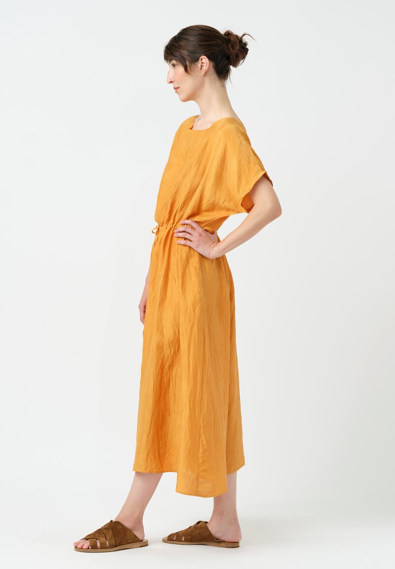 Kaval Khadi Silk Drawstring Waist Dress in Mango Orange