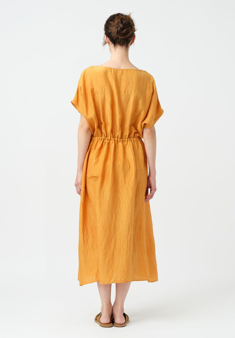 Kaval Khadi Silk Drawstring Waist Dress in Mango Orange