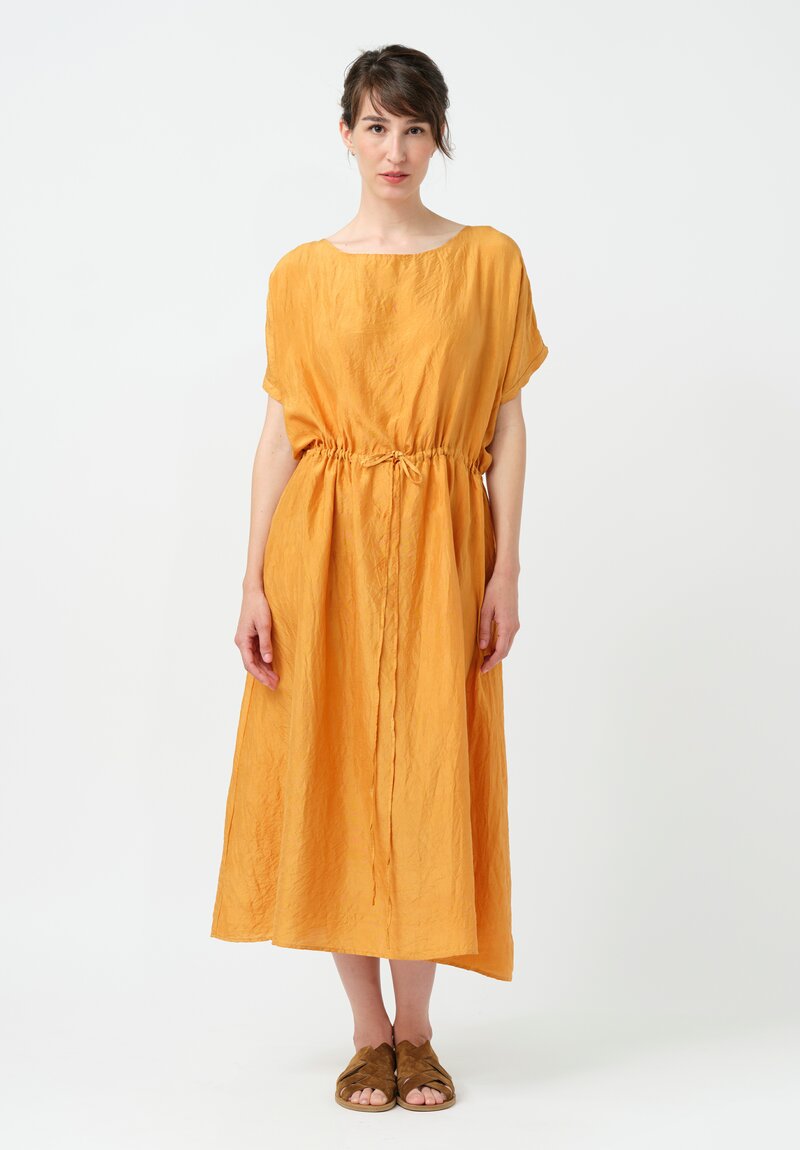 Kaval Khadi Silk Drawstring Waist Dress in Mango Orange