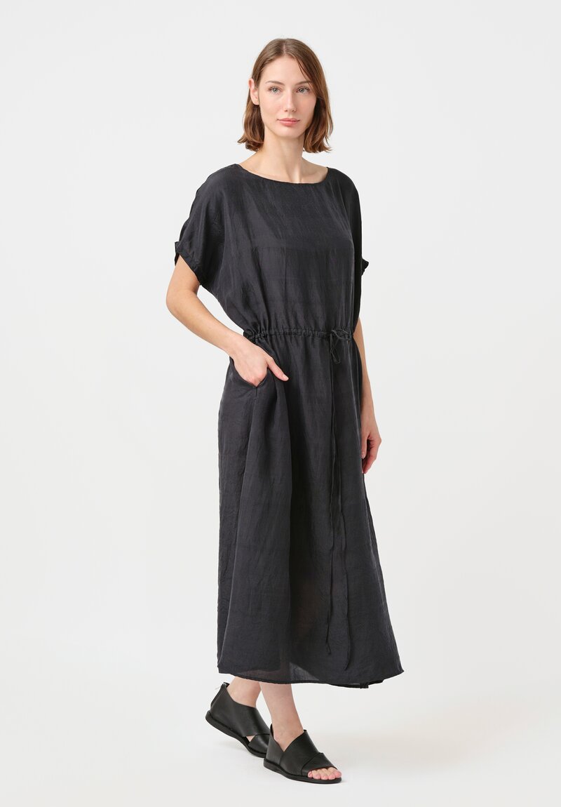 Kaval Khadi Silk Drawstring Waist Dress in Soft Black