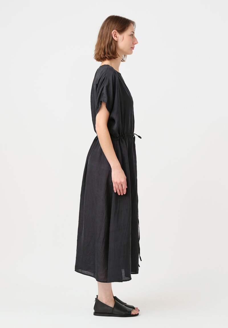 Kaval Khadi Silk Drawstring Waist Dress in Soft Black