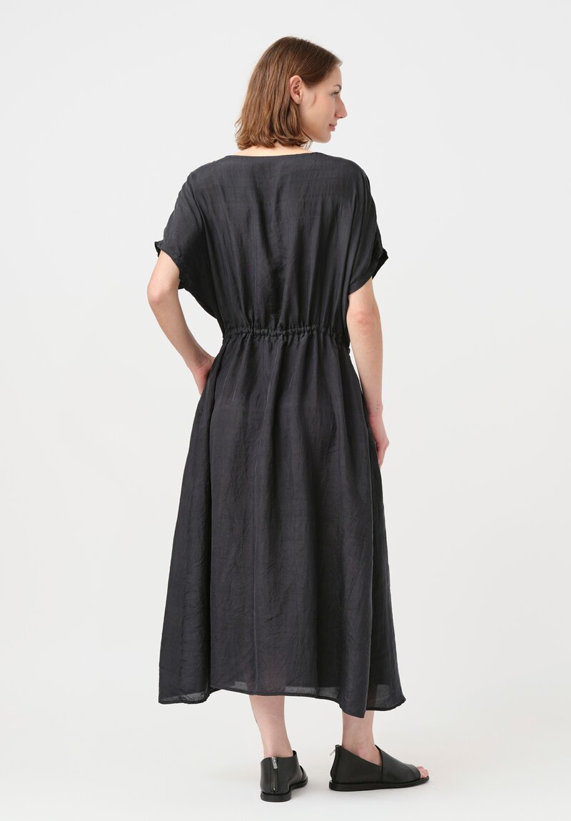 Kaval Khadi Silk Drawstring Waist Dress in Soft Black
