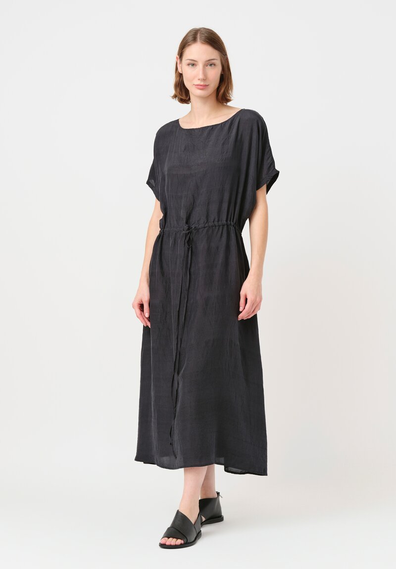 Kaval Khadi Silk Drawstring Waist Dress in Soft Black
