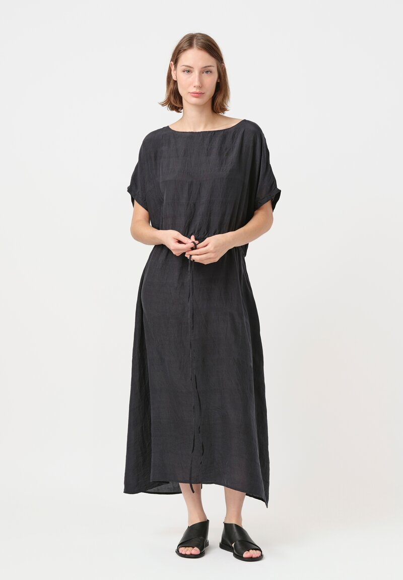 Kaval Khadi Silk Drawstring Waist Dress in Soft Black