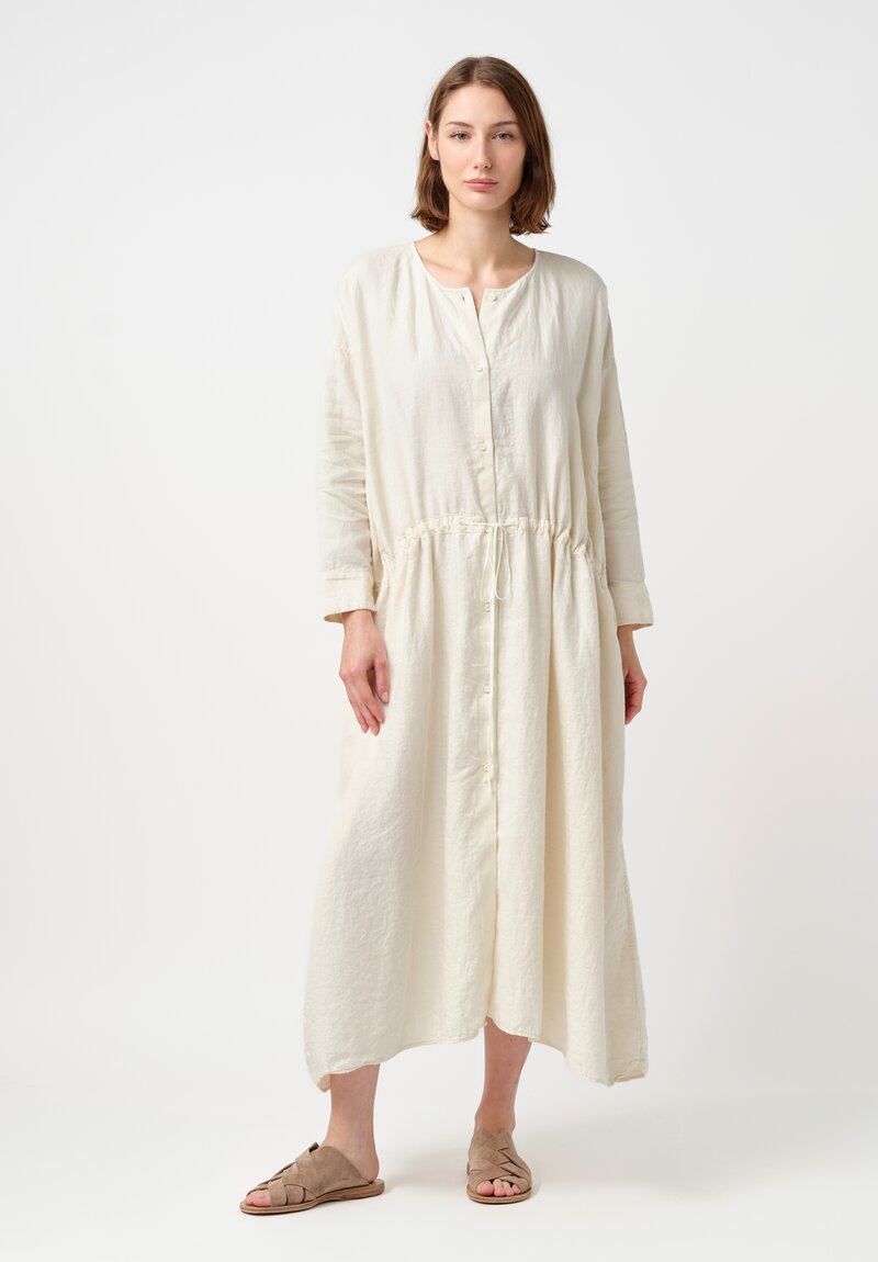 Kaval Linen Twill Drawstring Waist Button-Down Dress in Vanilla Cream