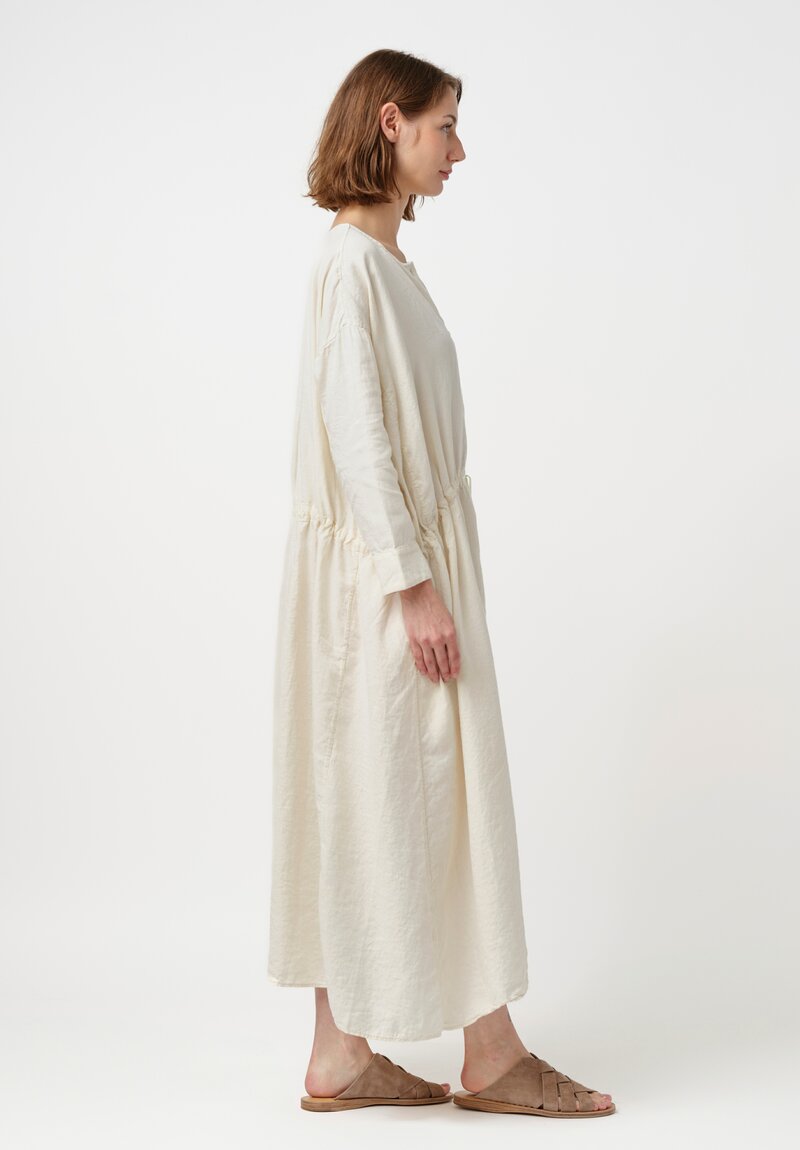 Kaval Linen Twill Drawstring Waist Button-Down Dress in Vanilla Cream