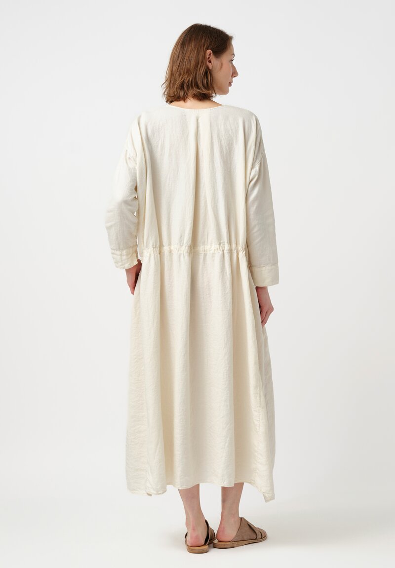 Kaval Linen Twill Drawstring Waist Button-Down Dress in Vanilla Cream