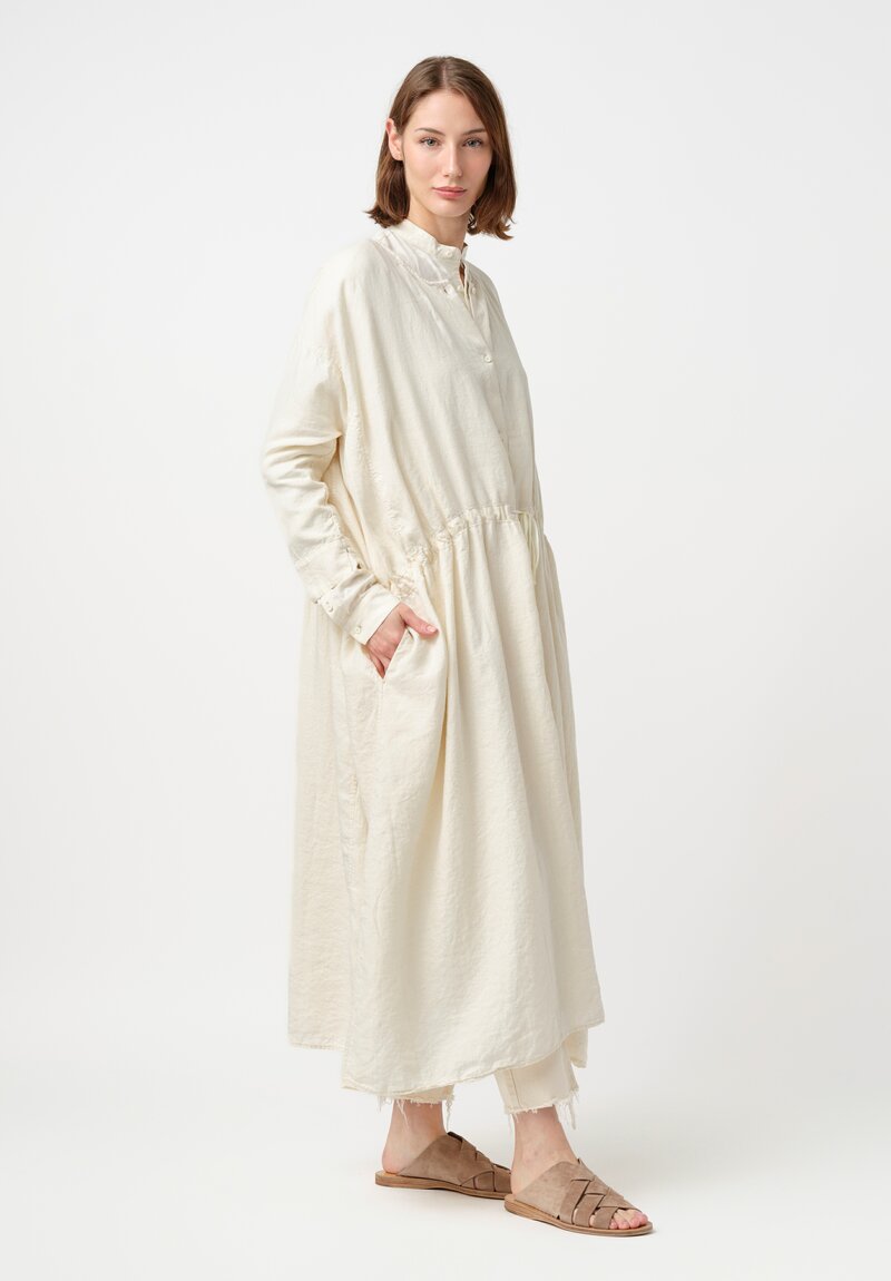 Kaval Linen Twill Drawstring Waist Button-Down Dress in Vanilla Cream