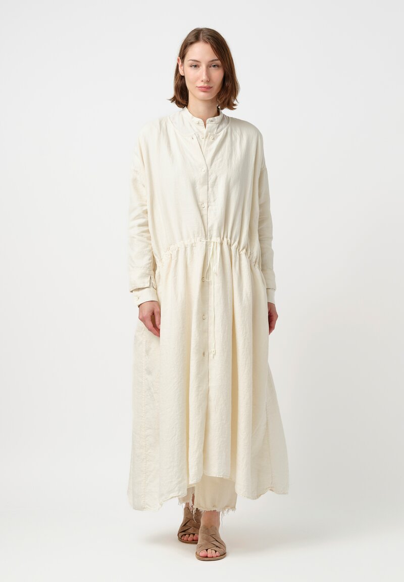 Kaval Linen Twill Drawstring Waist Button-Down Dress in Vanilla Cream