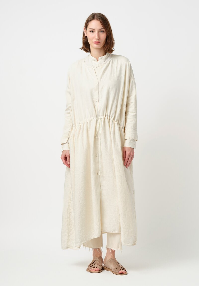 Kaval Linen Twill Drawstring Waist Button-Down Dress in Vanilla Cream