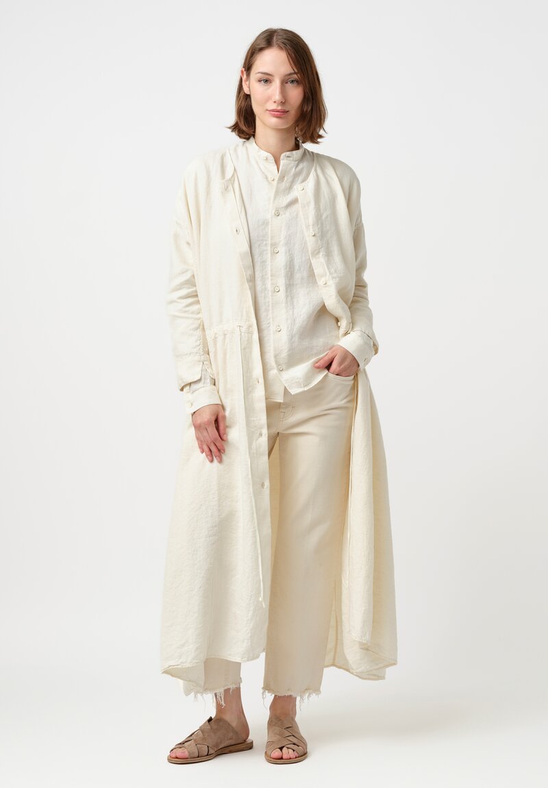 Kaval Silk Linen Twill Stand Collar Button-Down Shirt in Vanilla Cream