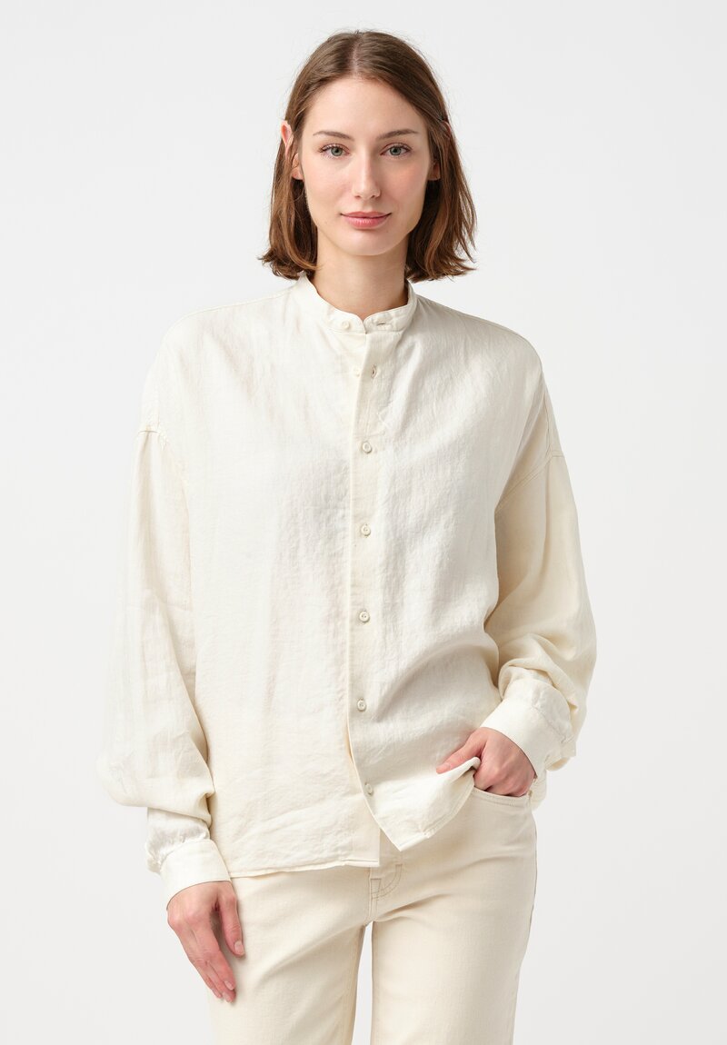 Kaval Silk Linen Twill Stand Collar Button-Down Shirt in Vanilla Cream