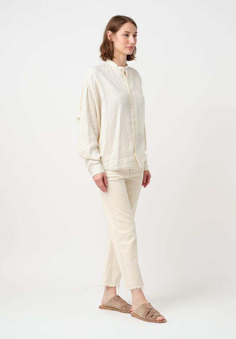 Kaval Silk Linen Twill Stand Collar Button-Down Shirt in Vanilla Cream