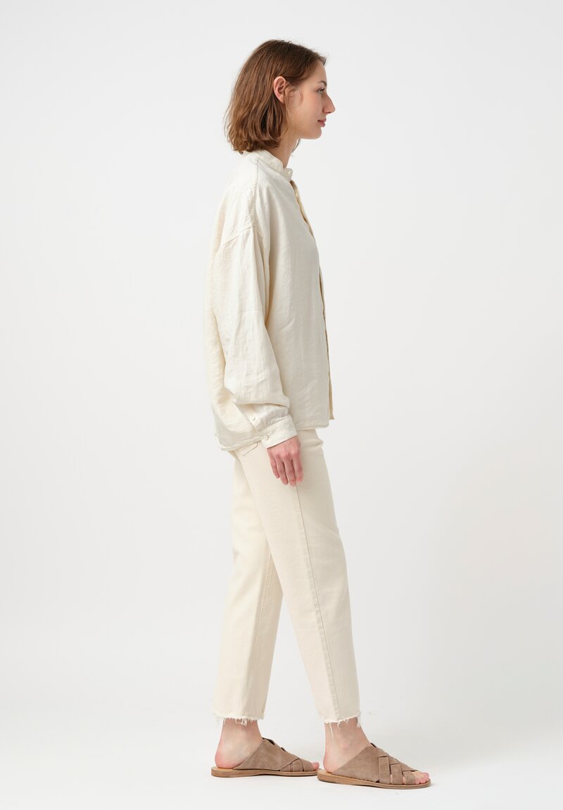 Kaval Silk Linen Twill Stand Collar Button-Down Shirt in Vanilla Cream