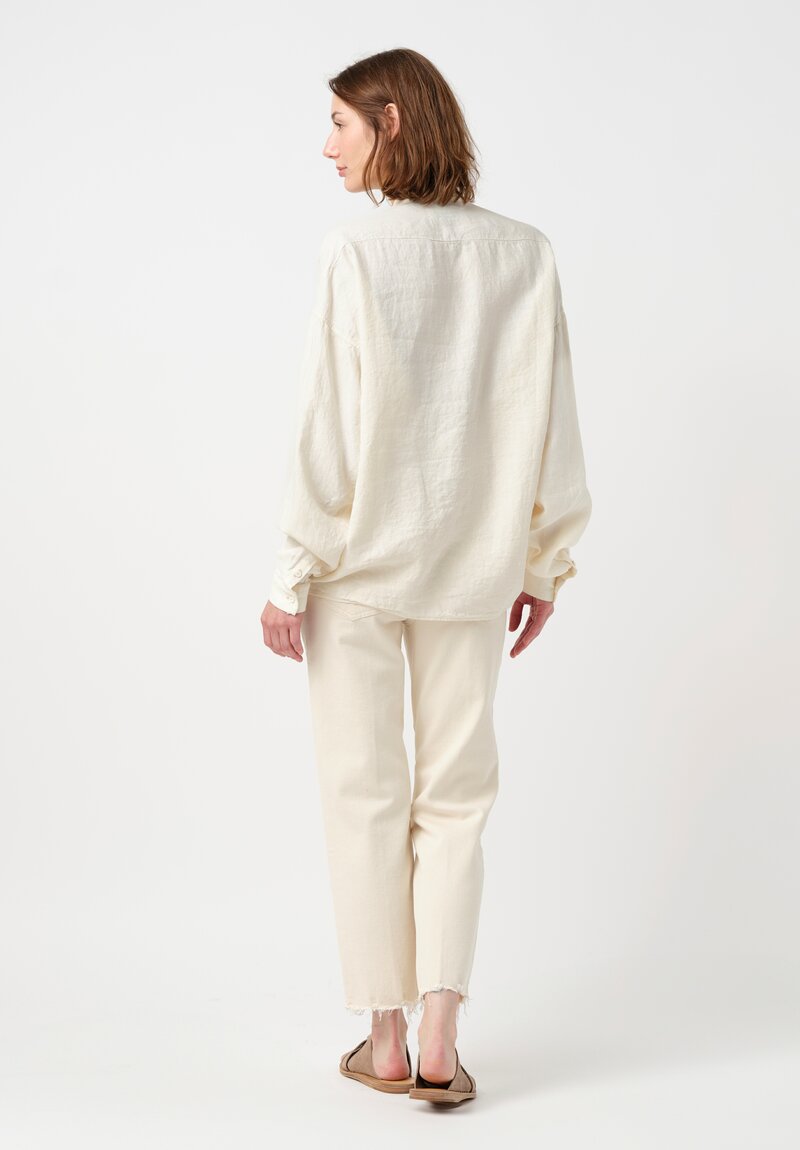 Kaval Silk Linen Twill Stand Collar Button-Down Shirt in Vanilla Cream