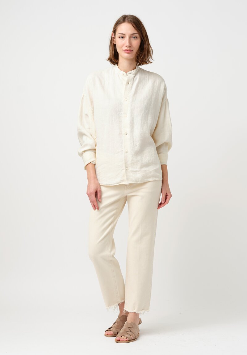 Kaval Silk Linen Twill Stand Collar Button-Down Shirt in Vanilla Cream