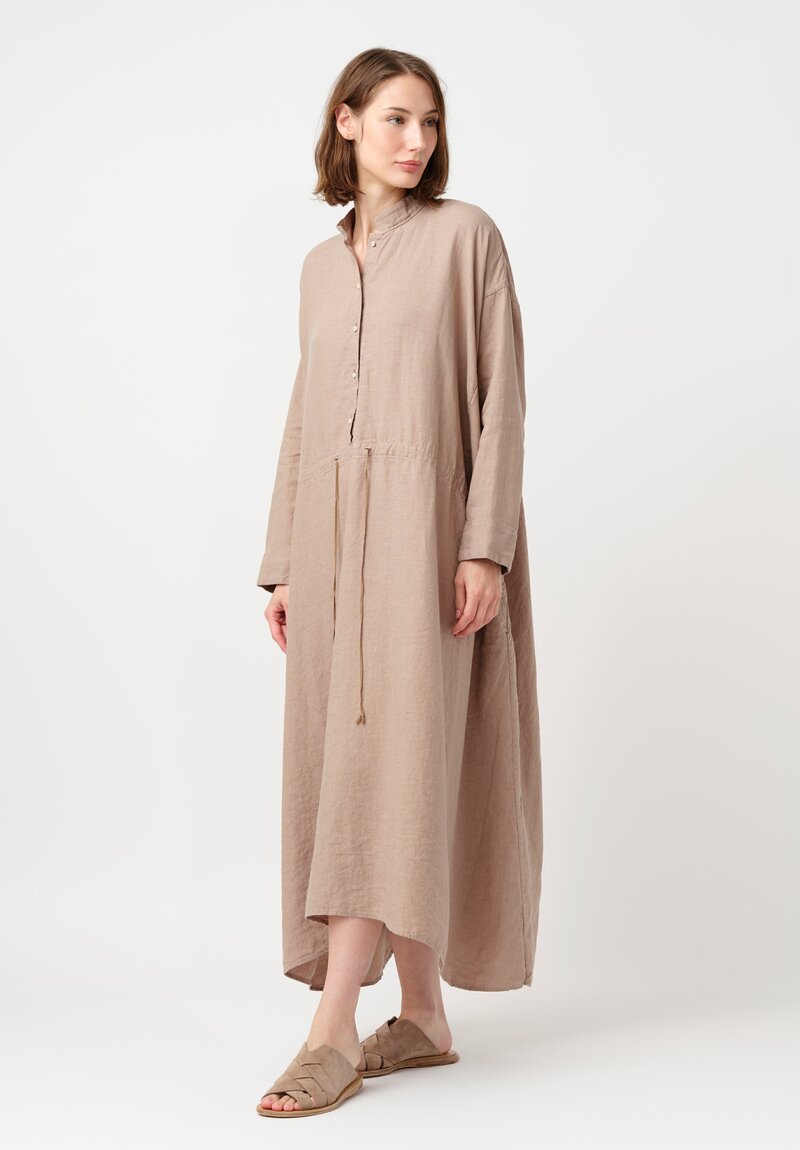 Kaval Linen Twill Drawstring Waist Half-Placket Dress in Latte Brown
