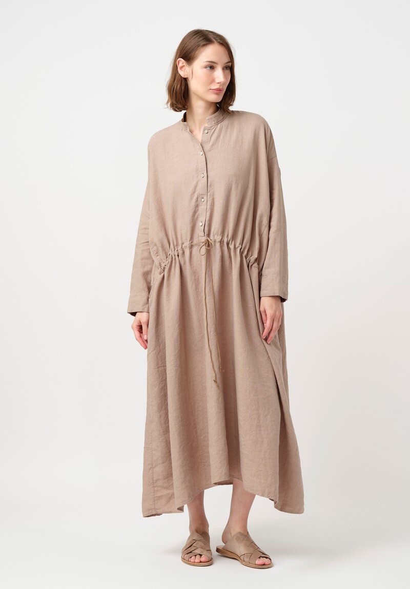 Kaval Linen Twill Drawstring Waist Half-Placket Dress in Latte Brown