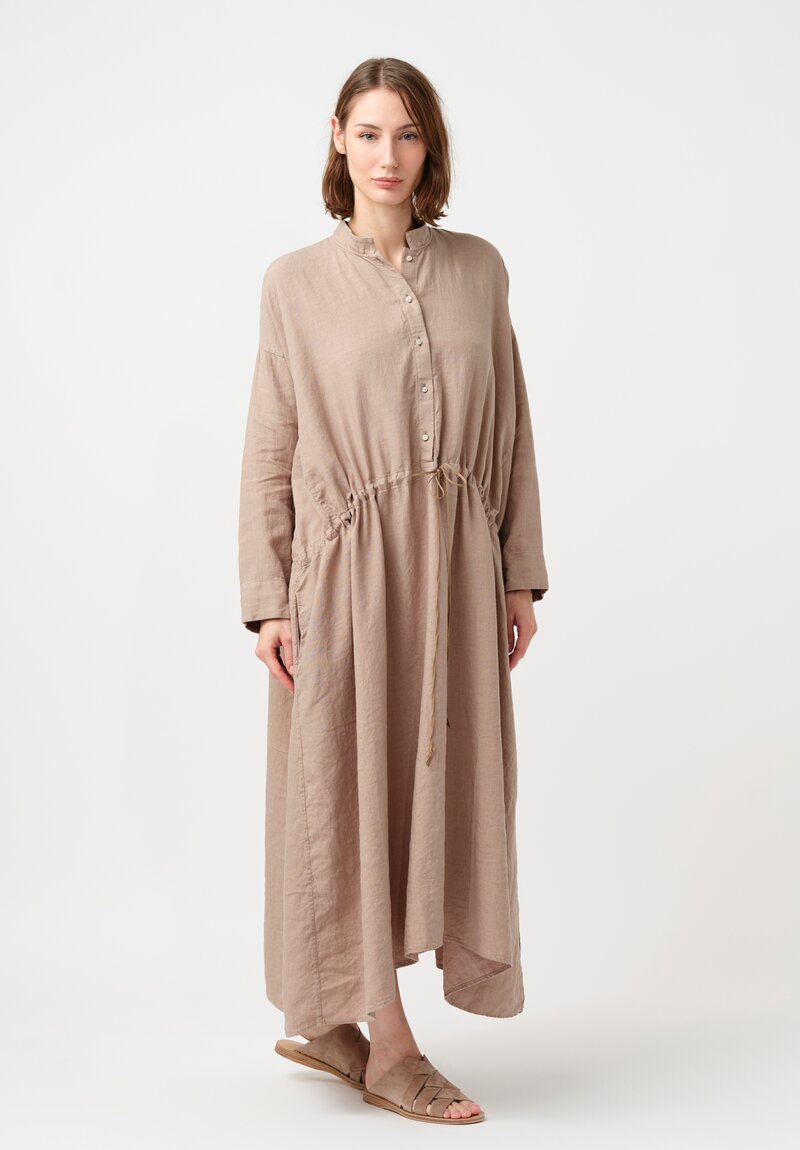 Kaval Linen Twill Drawstring Waist Half-Placket Dress in Latte Brown