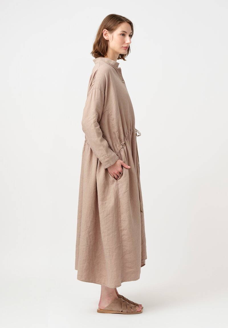 Kaval Linen Twill Drawstring Waist Half-Placket Dress in Latte Brown