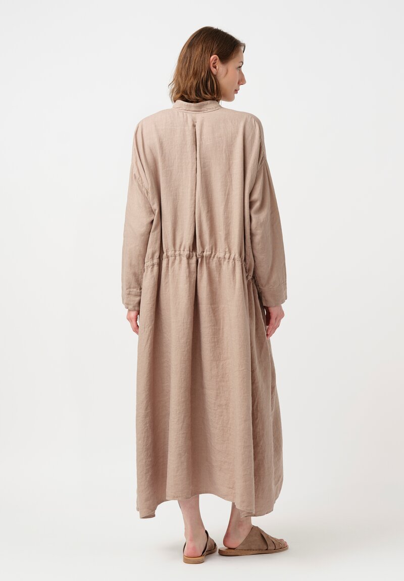 Kaval Linen Twill Drawstring Waist Half-Placket Dress in Latte Brown