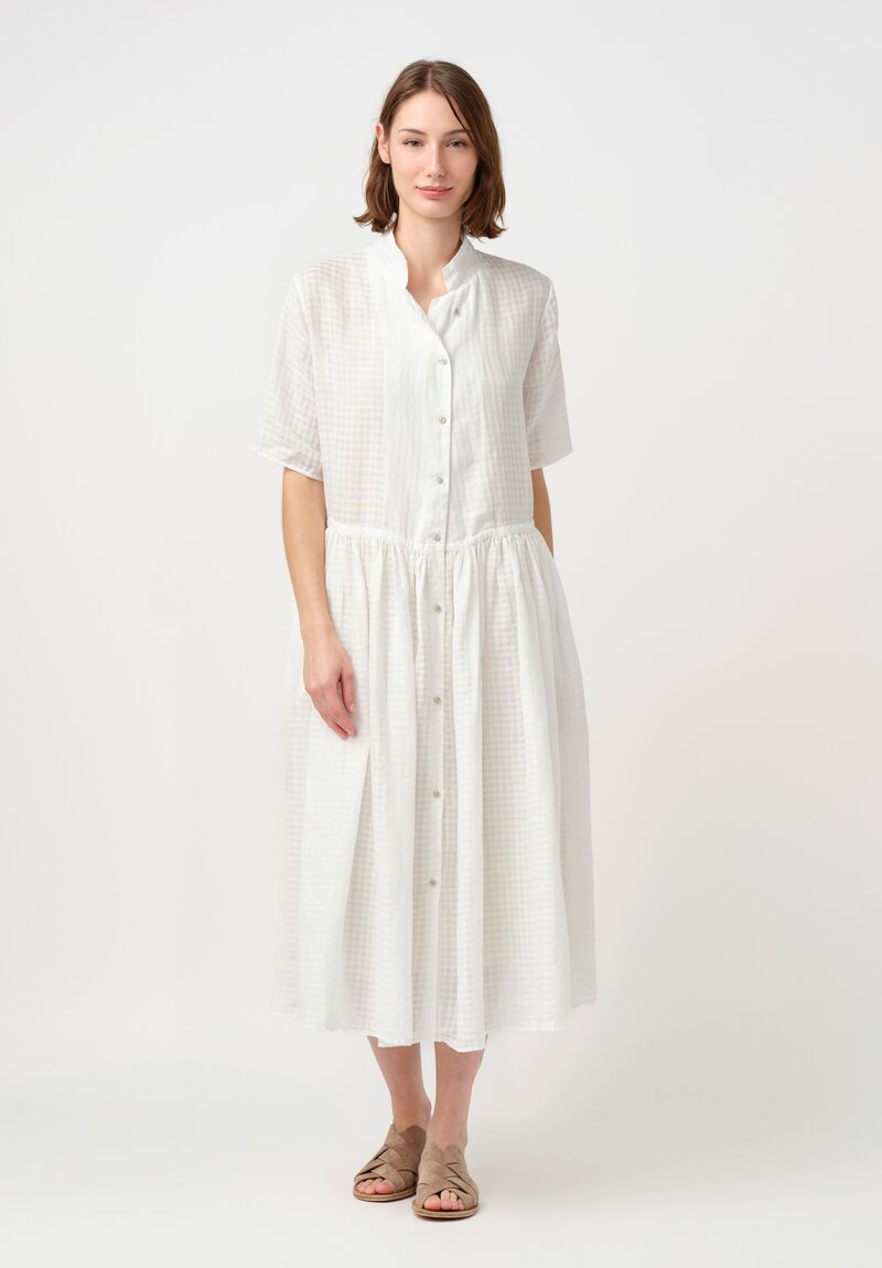 Kaval Linen Ramie Gathered Waist Button-Down Dress in White Gingham