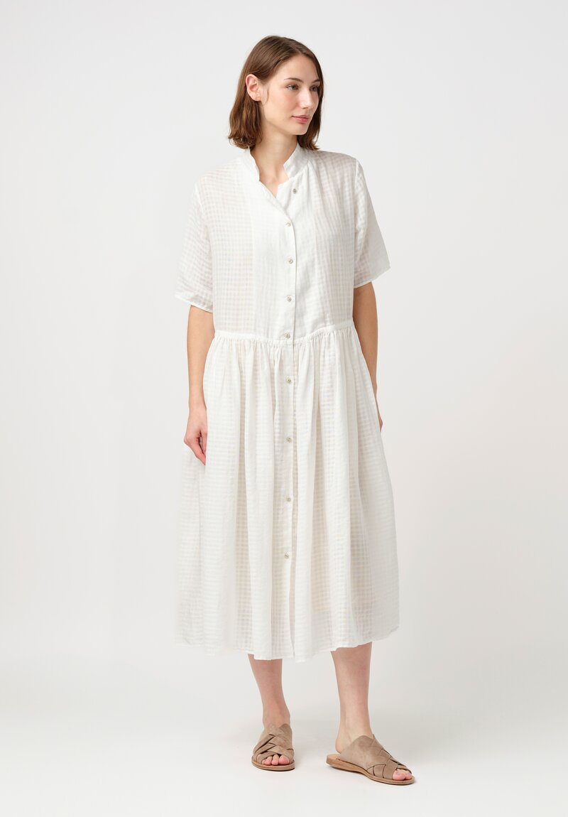 Kaval Linen Ramie Gathered Waist Button-Down Dress in White Gingham